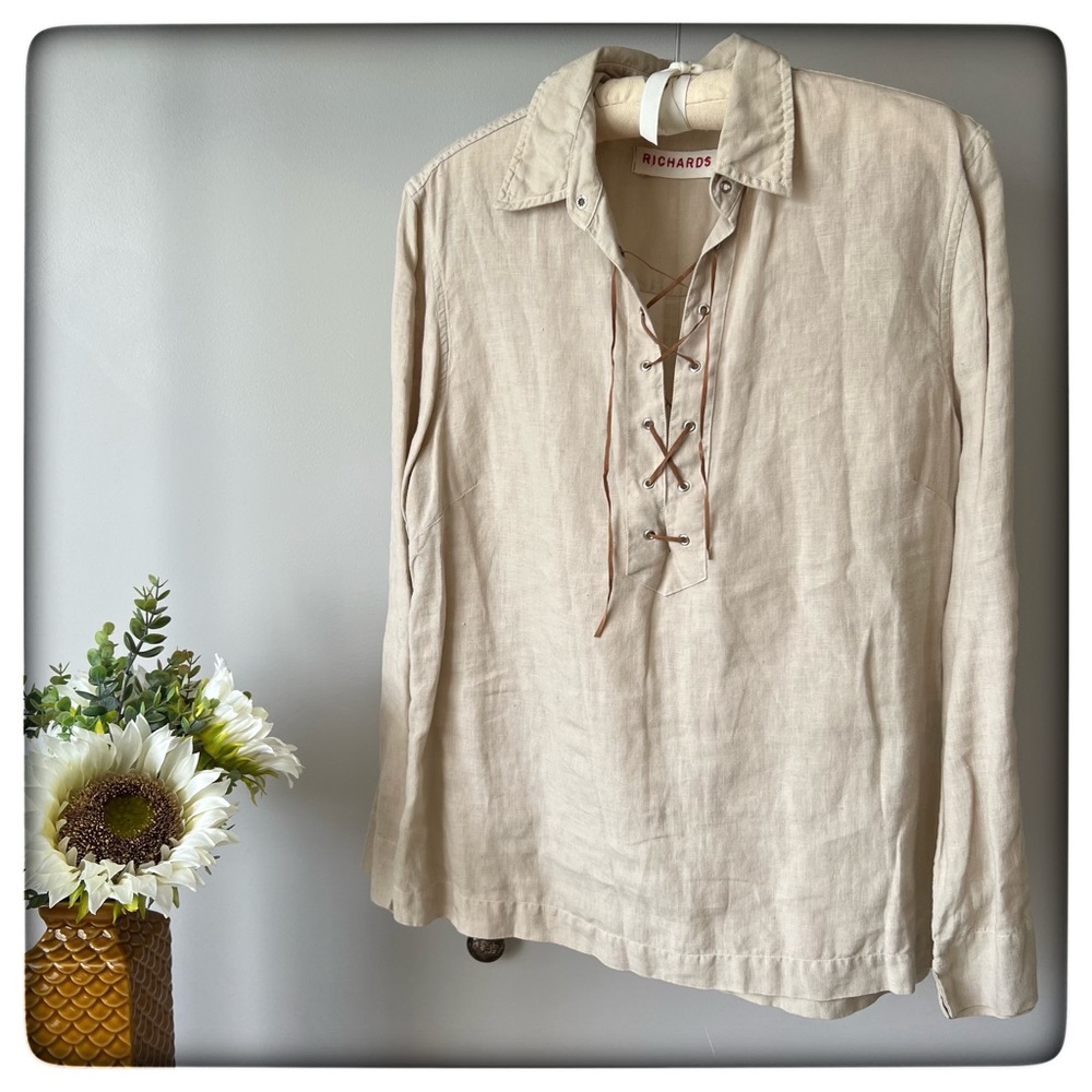 100% Linen Lace-up Drawstring Half Front Tunic in Beige/Tan